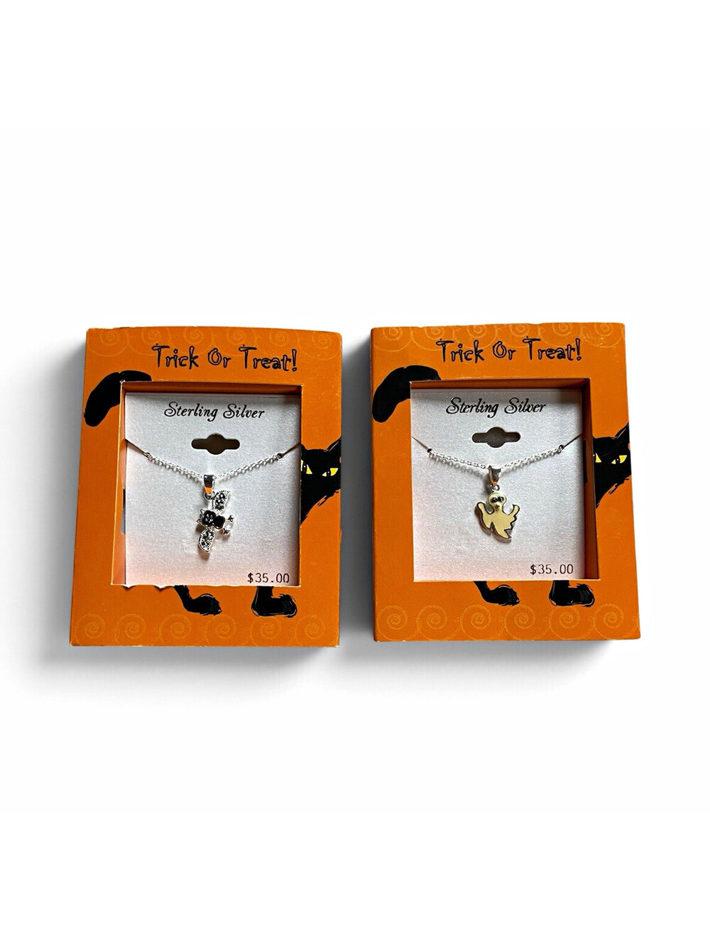 2 Pack of Sterling Silver 925 Halloween Charm Necklaces 18in Cable- Bat & Ghost